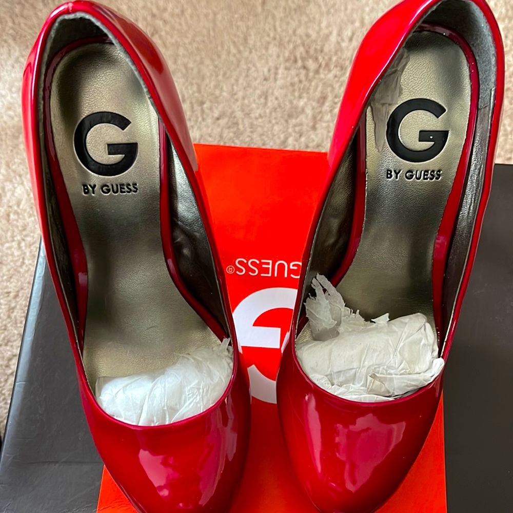 Red patent leather heels.